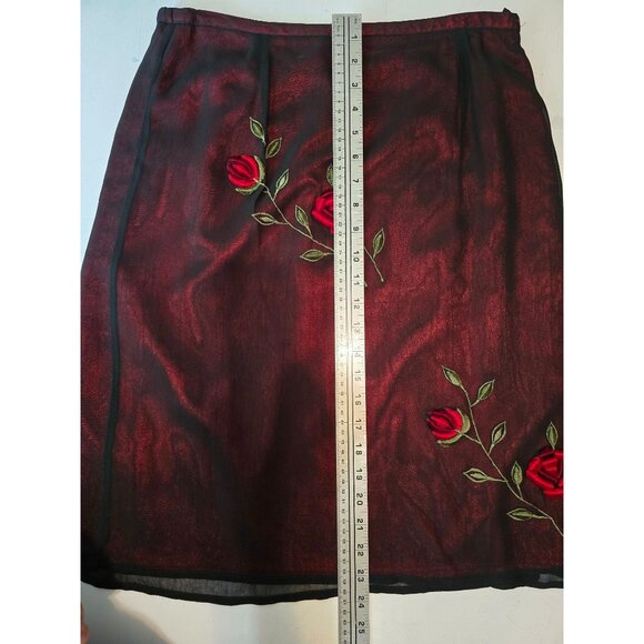 Vtg 90s Floral Embroidered Black Mesh Overlay Red Satin Skirt Medium - Picture 5 of 5